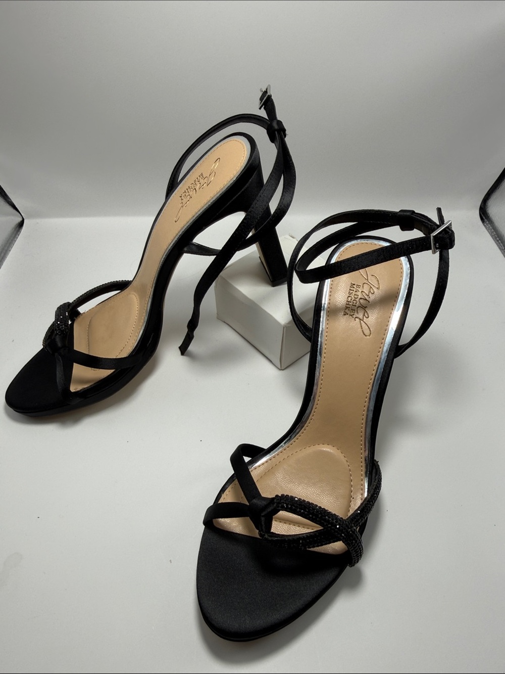 Jewel by Badgley Mischka Black Rhinestone Satin Strappy Heels 8.5 NWOT